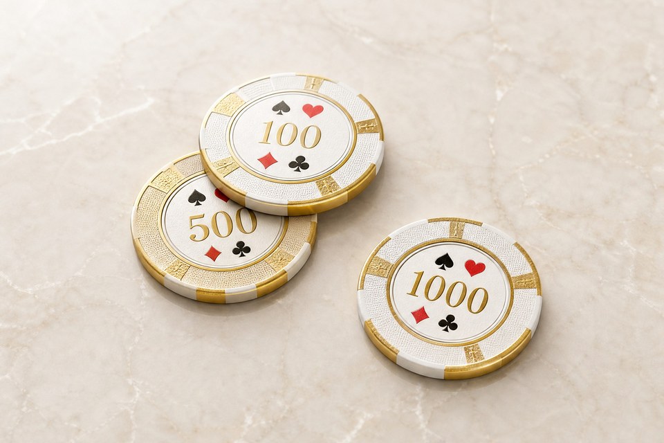 三枚金边扑克筹码错落叠放，面额 100 / 500 / 1000 清晰可辨